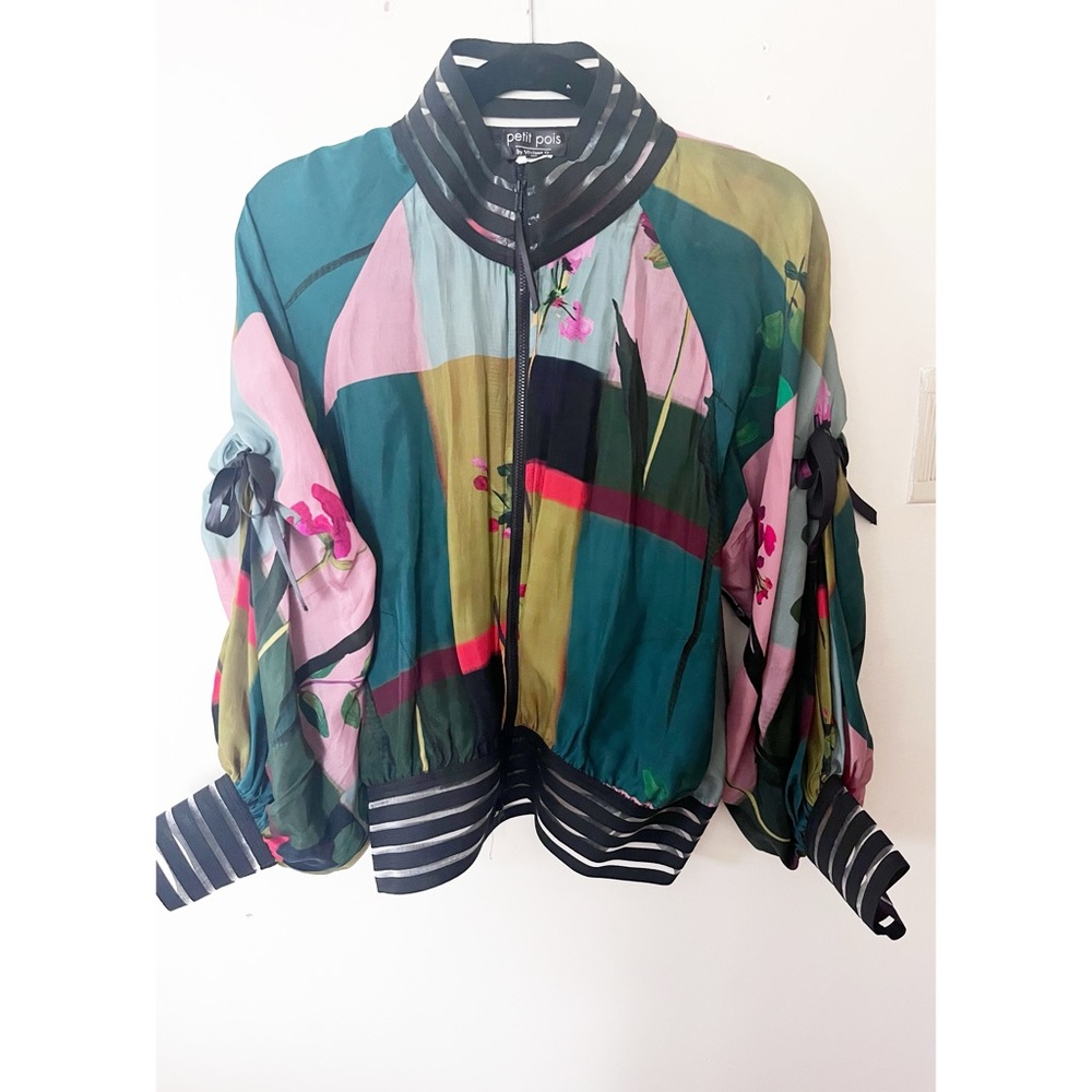 Viviana Multicolor Floral Satin Bomber Jacket - Picture 2 of 5